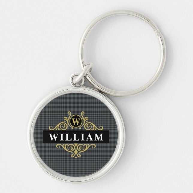 Elegantes Black Gold Monogram Glen Kariert Schlüsselanhänger (Vorne)