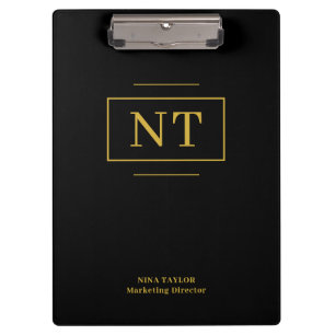 Elegantes Black Gold Monogram Office-Zubehör Klemmbrett