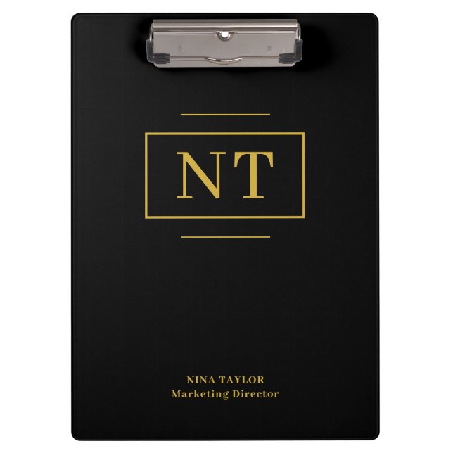 Elegantes Black Gold Monogram Office-Zubehör Klemmbrett (Vorderseite)