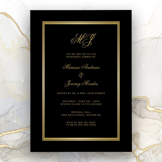 Elegantes Black Gold Monogram Probe Dinner Einladung (Elegant Black and Gold Wedding Reshearsal Invitation)