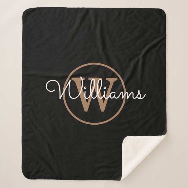 Elegantes Black Gold Monogram Script Sherpadecke (Vorderseite)