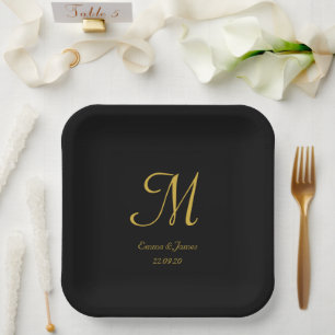 Elegantes Black Gold Monogramm, das jedes Party ho Pappteller