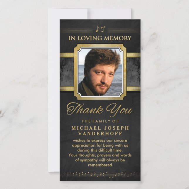 Elegantes Black Gold Musiknotens Memorial Vielen D Dankeskarte (Vorderseite)