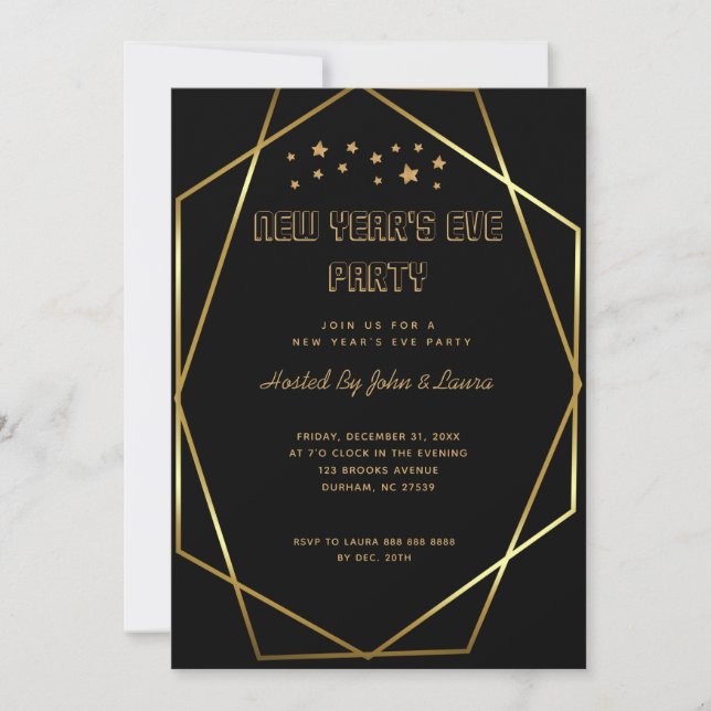 Elegantes Black & Gold New Years Party Ankündigung (Vorderseite)