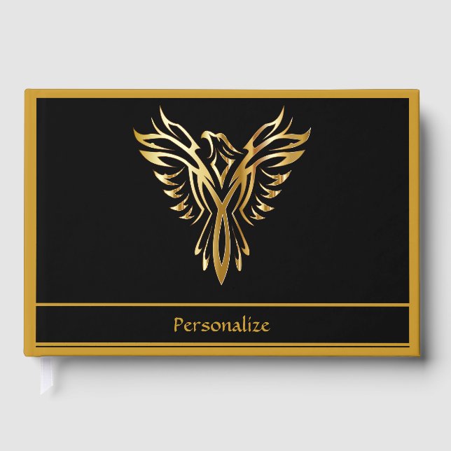 Elegantes Black & Gold Phoenix-Aufstiegssymbol Gästebuch (Vorderseite)