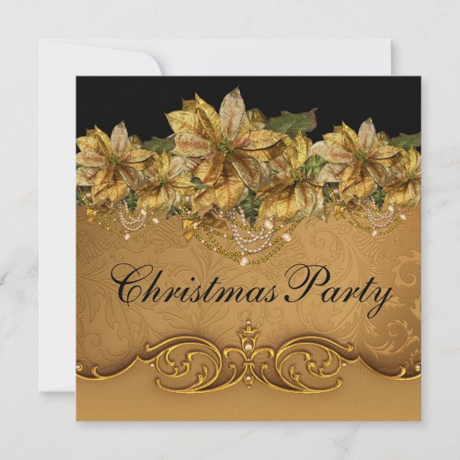 Elegantes Black Gold Poinsettia Gold Weihnachten P Einladung (Vorderseite)