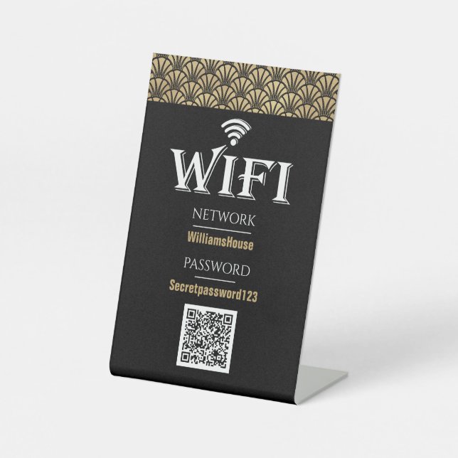 Elegantes Black Gold QR Code Wifi Password Network Sockelschild (Vorderseite)