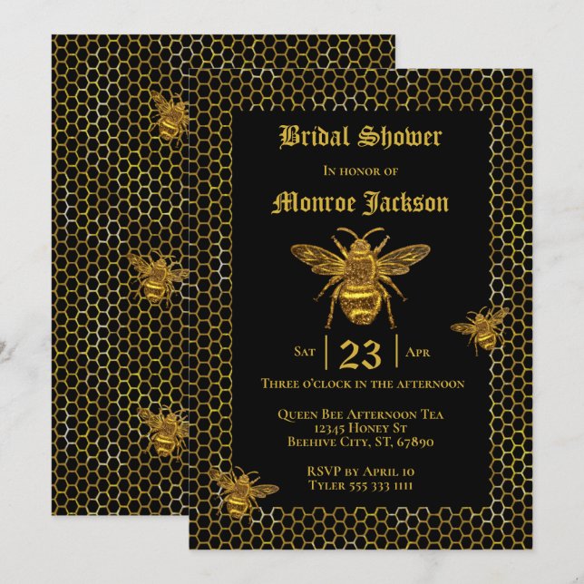 Elegantes Black Gold Queen Bee Beehive Brautparty Einladung (Vorne/Hinten)