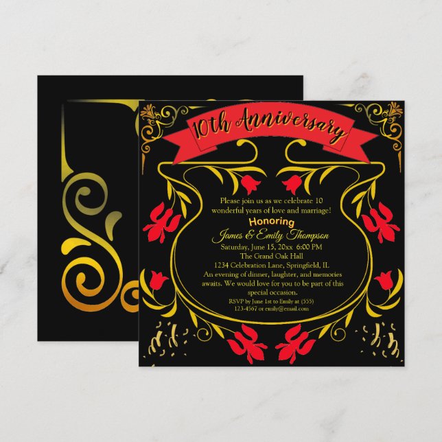 Elegantes Black Gold & Red 10. Hochzeitstag Einladung (Vorne/Hinten)