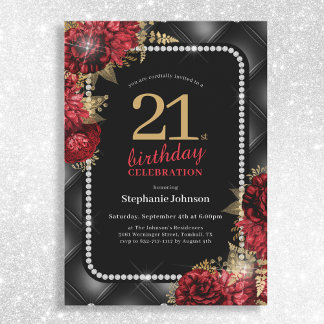 Elegantes Black Gold Red Floral 21. Geburtstag Par Einladung