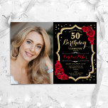 Elegantes Black Gold Red Foto 50. Geburtstag Einladung<br><div class="desc">Elegante Blumenladen zum 50. Geburtstag mit Ihrem Foto. Glam schwarz rotes Design mit Imitaten Glitzer Gold. Enthält rote Rosen,  Skript-Schriftart und Konfetti. Ideal für ein stilvolles Party für Erwachsene. Personalisieren Sie Ihre persönlichen Daten. Kann für jedes Alter angepasst werden! Gedruckte Zazzle Einladungen oder Sofortdownload digitalen druckbaren Vorlage.</div>