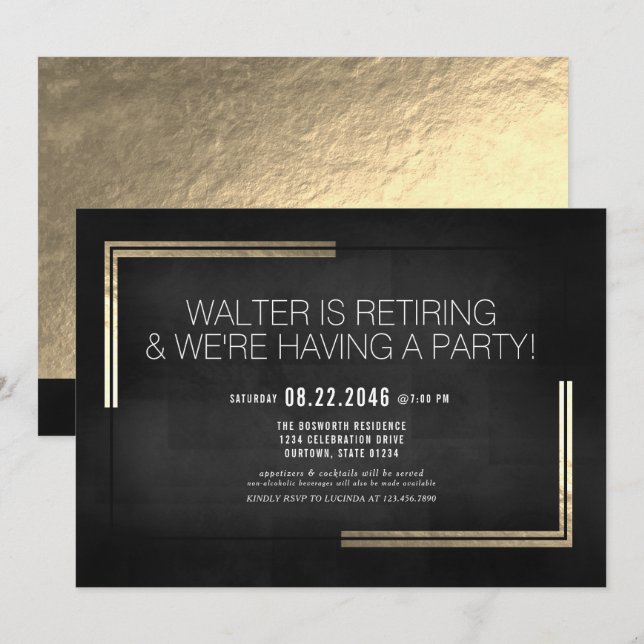 Elegantes Black/Gold-Renten-Party Einladung (Vorne/Hinten)