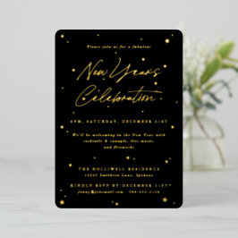 Elegantes Black+Gold Scattered Stars New Years Par Folieneinladung