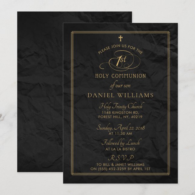 Elegantes Black & Gold Script 1. Heilige Kommunion Einladung (Vorne/Hinten)