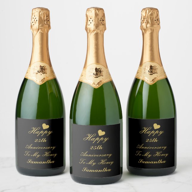 Elegantes Black Gold Script 25. Happy Jubiläum (Flaschen)