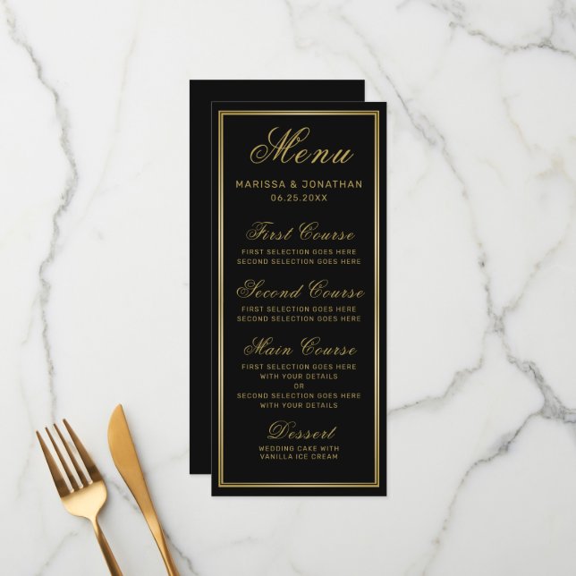 Elegantes Black Gold Script Chic Wedding Menü Menükarte (Vorderseite/Rückseite Beispiel)