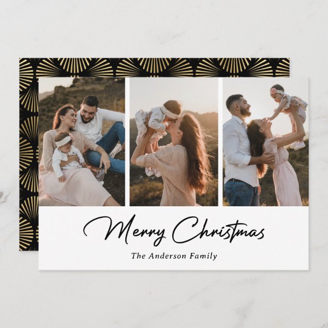 Elegantes Black Gold Script Foto Frohe Weihnachten (Vorne/Hinten)