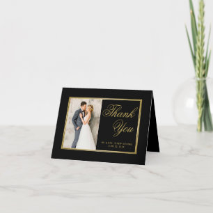 Elegantes Black Gold Script Heart Foto Hochzeit Dankeskarte