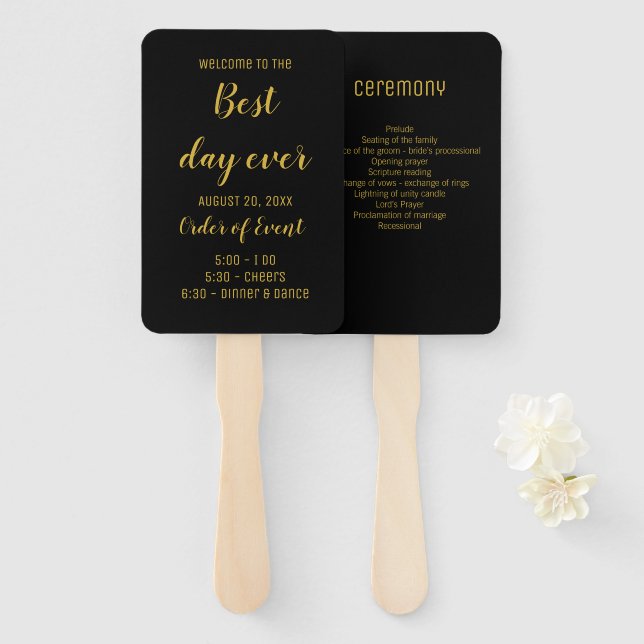 Elegantes Black & Gold Script-Hochzeitsprogramm Fächer (Vorne und Hinten)