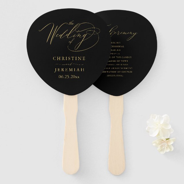 Elegantes Black Gold Script-Hochzeitsprogramm Fächer (Vorne und Hinten)