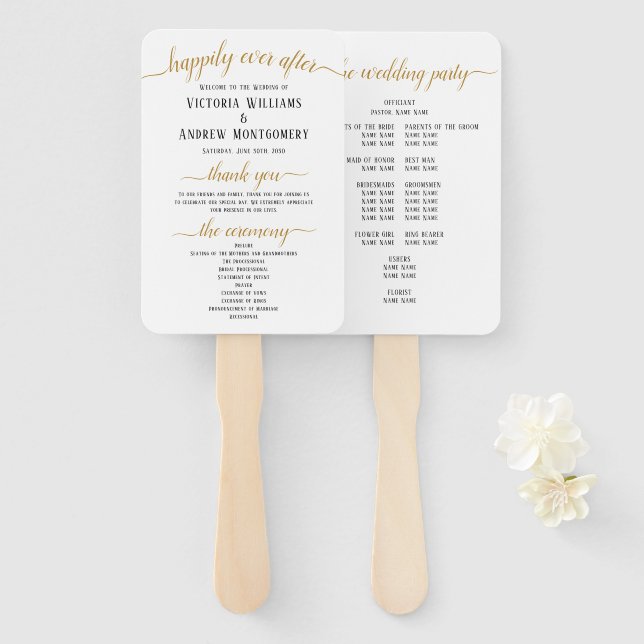 Elegantes Black Gold Script Minimal Wedding Progra Fächer (Vorne und Hinten)