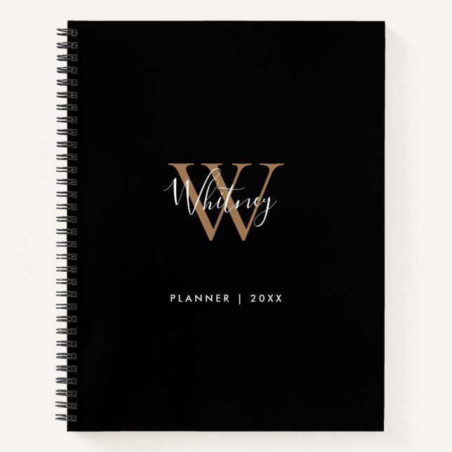 Elegantes Black Gold Script Monogram Name Notebook Notizbuch (Vorderseite)