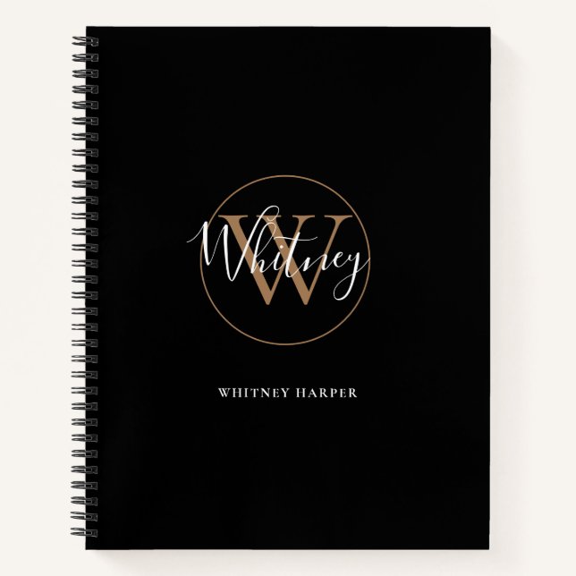 Elegantes Black Gold Script Monogram Name Notebook Notizbuch (Vorderseite)