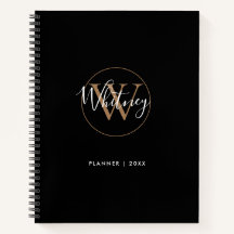 Elegantes Black Gold Script Monogram Name Notebook