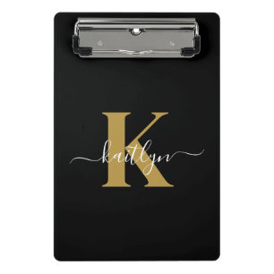 Elegantes Black-Gold-Script-Monogramm Mini Klemmbrett