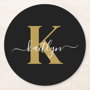 Elegantes Black-Gold-Script-Monogramm Runder Pappuntersetzer