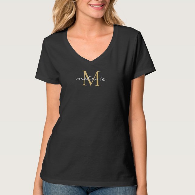 Elegantes Black-Gold-Script-Monogramm T-Shirt (Vorderseite)