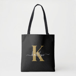 Elegantes Black-Gold-Script-Monogramm Tasche
