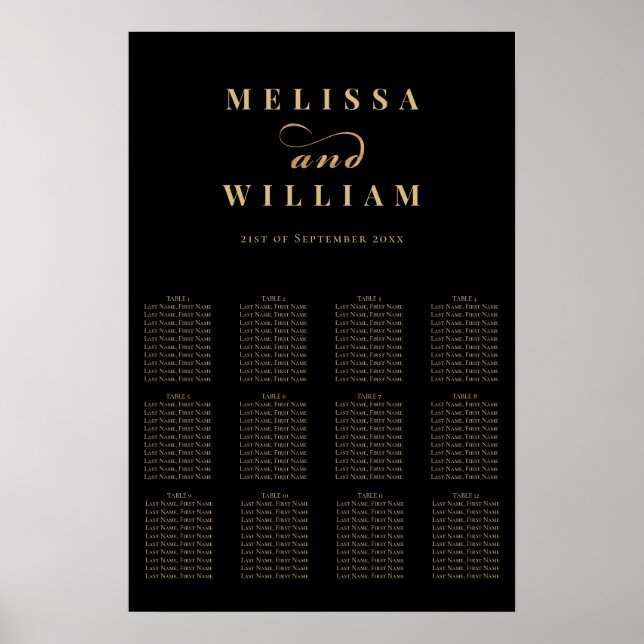 Elegantes Black Gold Script Seating Chart Poster (Vorne)