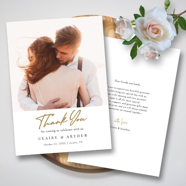 Elegantes Black & Gold-Signature-Foto Dankeskarte (Elegant Black & Gold Signature Wedding Photo  Thank You Card)