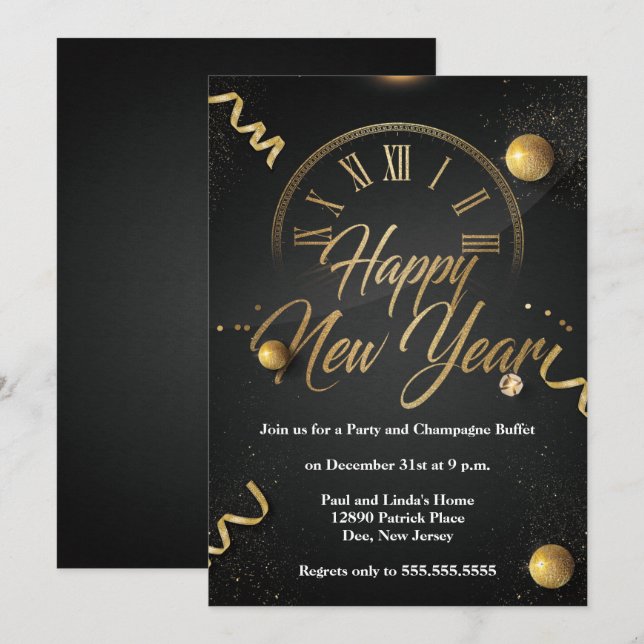 Elegantes Black & Gold Silvester Party Einladung (Vorne/Hinten)