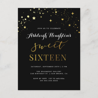 Elegantes Black & Gold Star Confetti Sweet 16 Einladungspostkarte