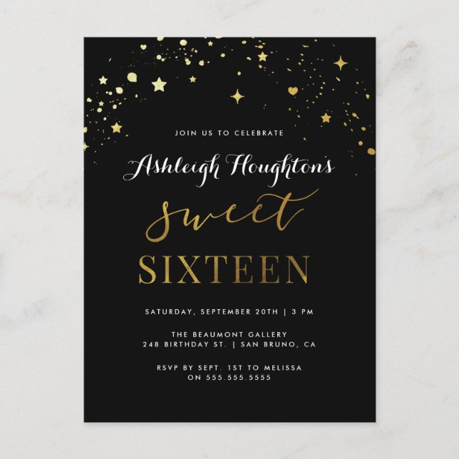 Elegantes Black & Gold Star Confetti Sweet 16 Einladungspostkarte (Vorderseite)