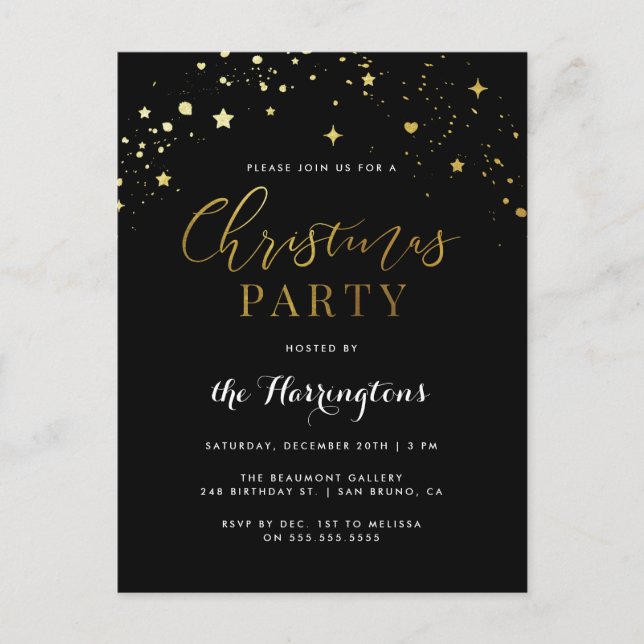Elegantes Black & Gold Star Confetti Weihnachts-Pa Einladungspostkarte (Vorderseite)