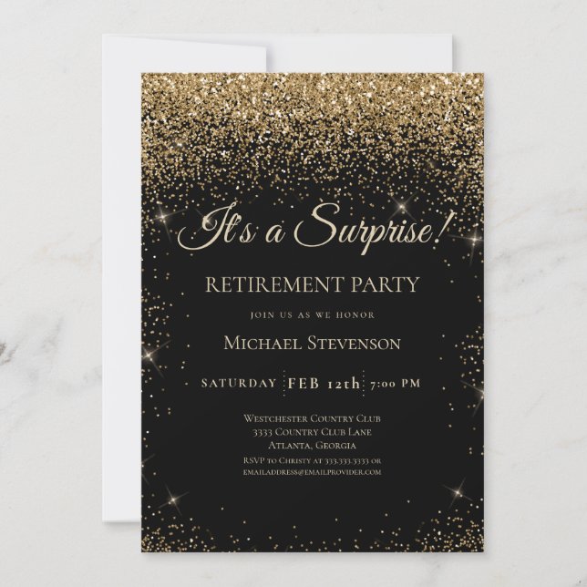 Elegantes Black Gold Surprise Retirement Party Einladung (Vorderseite)