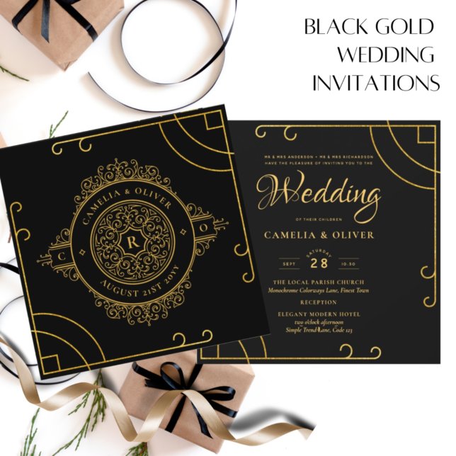 Elegantes Black Gold Verziert Vintage WEDDING Einladung (Von Creator hochgeladen)