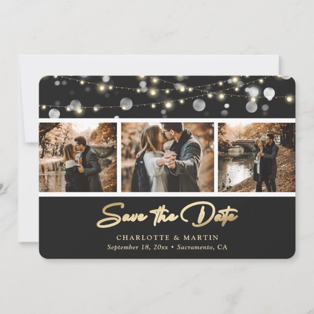 Elegantes Black Gold Wedding Foto Save the Date (Vorderseite)
