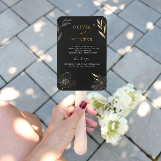 Elegantes Black, Gold Wedding Program Fans Foto Fächer (Modern Black, Gold Wedding Program Fans with Photo)