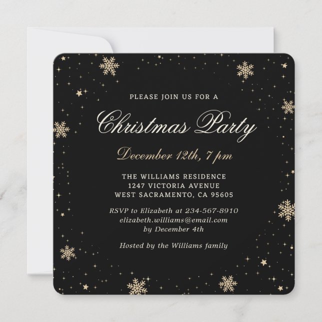 Elegantes Black Gold Weihnachts-Party Einladung (Vorderseite)