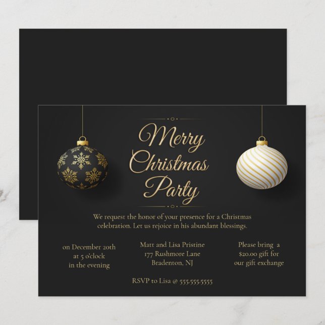 Elegantes Black & Gold Weihnachts-Party Einladung (Vorne/Hinten)