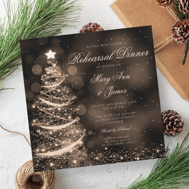 Elegantes Black & Gold Weihnachts-Probe-Dinner Einladung (Elegant Black & Gold Christmas Rehearsal Dinner Invitation)