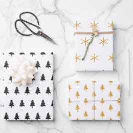 Elegantes Black Gold Weihnachtsbaum Muster Geschen Geschenkpapier Set
