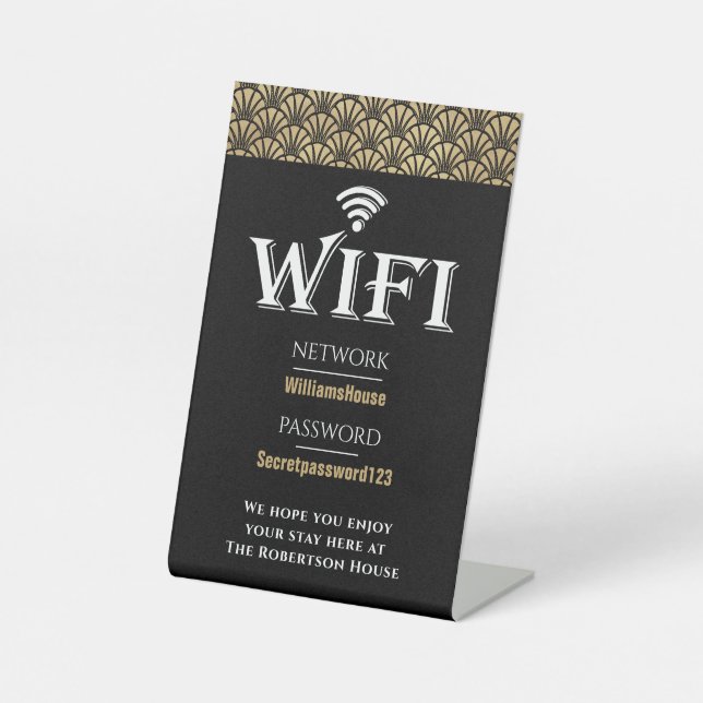 Elegantes Black Gold Wifi Password Network Sockelschild (Vorderseite)