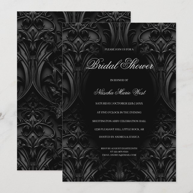 Elegantes Black Gothic Damask Moody-Brautparty Einladung (Vorne/Hinten)
