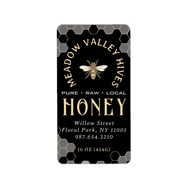 Elegantes Black HONEY Label mit Honigbiene und Bie Adressaufkleber (Vorne)