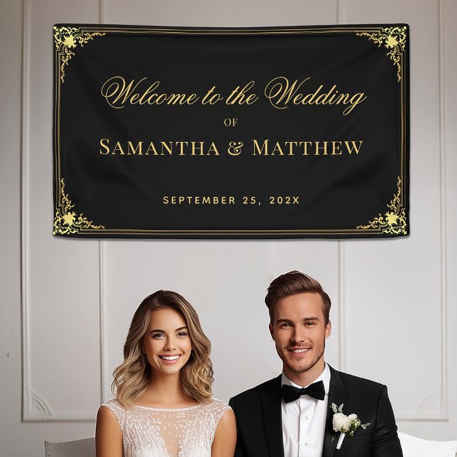 Elegantes Black Imitate Goldenes Jahrgang Hochzeit Banner (Von Creator hochgeladen)